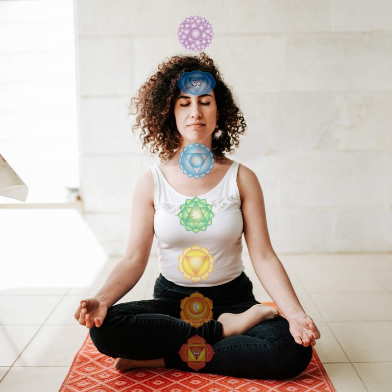 A woman meditating with all 7 chakras illustrated along her body, root to crown